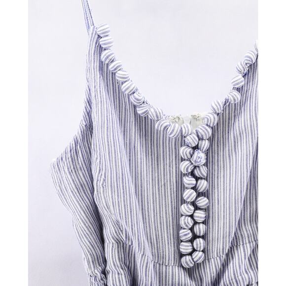 Anthropologie Maeve Jumpsuit Blue Maritime Pom Pom White Stripe Crinkled Sz 14 - Picture 5 of 12